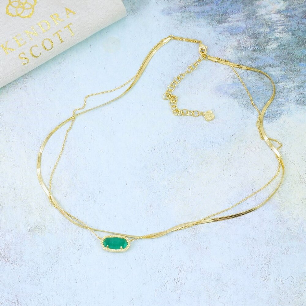 Kendra Scott Elisa Emerald Green Herringbone Double Strands Necklace Gold plated